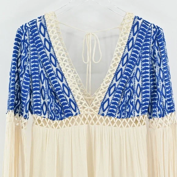 Free People Dusk Till Dawn Dress Sz 2 Blue Embroidered Bohemian Festival Tiered - Picture 11 of 15